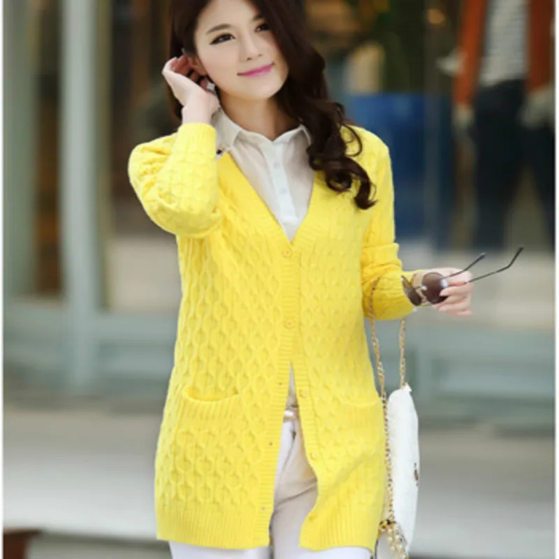 2019 new Korea Fashion Women Long Cardigans Spring&ampWinter Full Sleeve Solid V-Neck Candy Color Slim Brief All Match Pull Female |