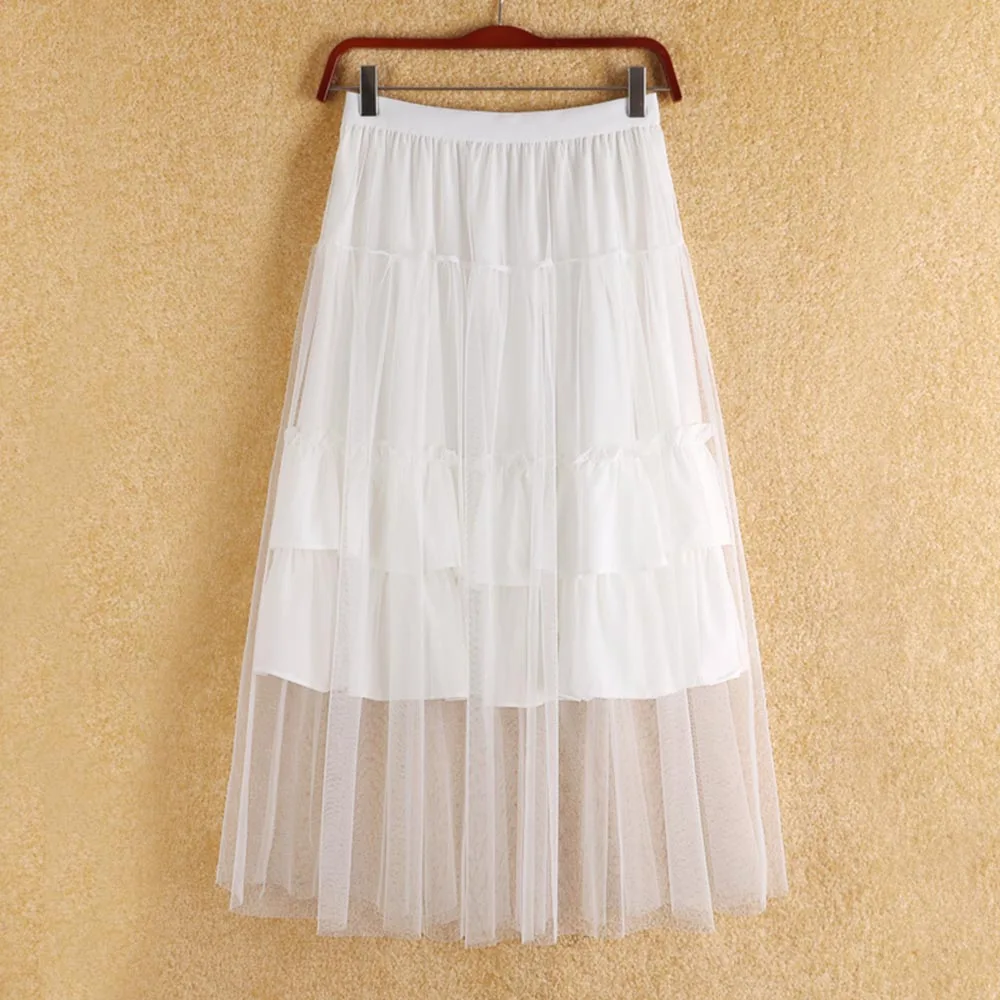 Summer 2018 New Korean Style Women Skirts A-Line Chiffon Office Lady High-Waist Pleated Mesh Patchwork Plain Girls Cupcake Skirt | Женская