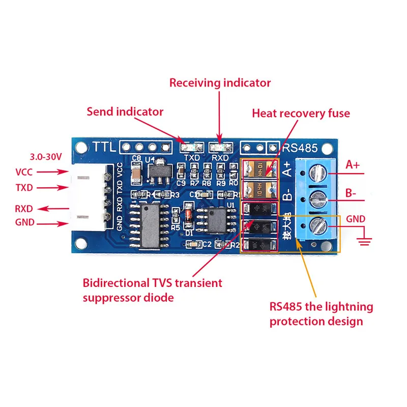 Ttl к RS485 для Arduino USB модуль преобразователя AVR 3,0 V~ 30V конвертер высокого EMC EMI 3,3 V/5,0 V сигналы аппаратное автоматическое управление