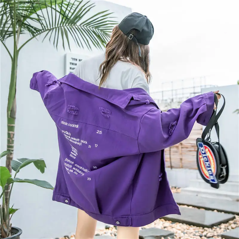 purple Джинсовая куртка Женская Осень Новая мода свободная ковбойская женская одежда корейский Bf фиолетовые куртки большой размер короткое пальто N699 - Цвет: purple