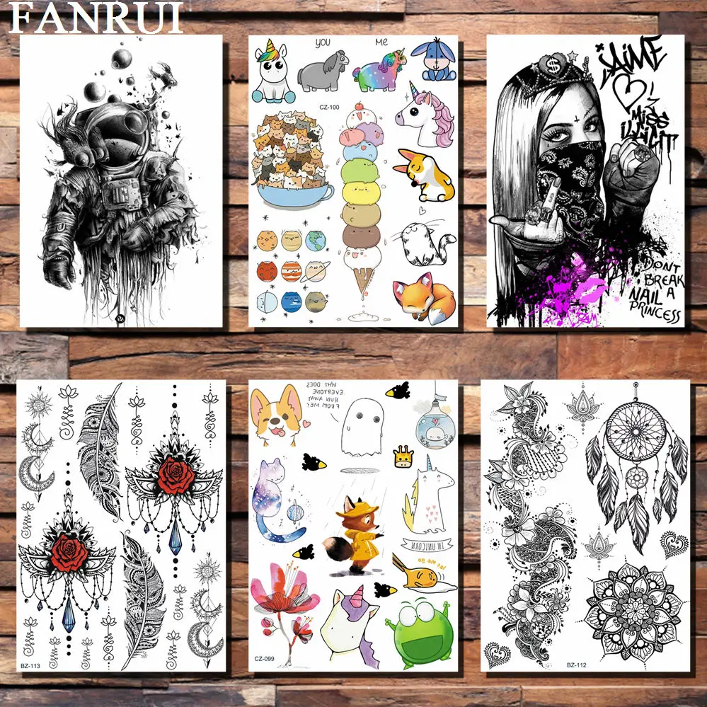 

FANRUI Cute Cartoon Unicorn Planets Temporary Tattoo Sticker Fog Lovely Dog Ghost Fake Tatoo Waterproof Body Art Arm Custom Tato