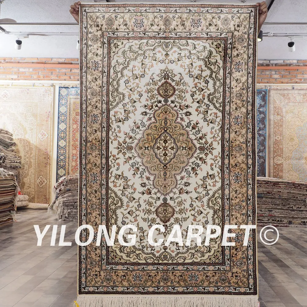 Шелковый коврик YILONG 3 'x 5' Тебриз ручной работы шелковые бежевые изысканные