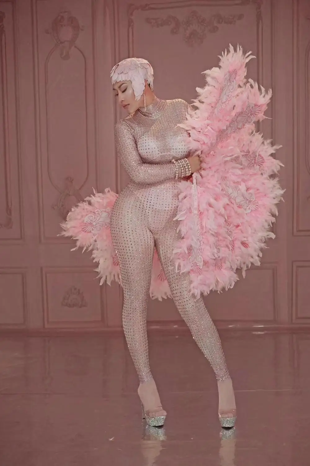 New Female Full Rhinestones Skinny Jumpsuit Pink Feathers Fans Headdress Stage Wear Singer Dancer Nightclub Costume Performance | Женская