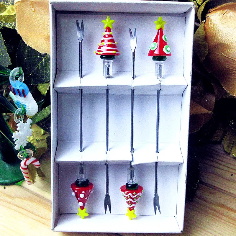 

Custom cute handmade murano glass christmas tree accessories fruit fork tableware stainless steel Cocktail Cake dessert sticks