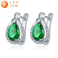 fym brand luxury 7 colors big green crystal hoop earrings fashion sliver plated white cubic zirconia water drop design earring