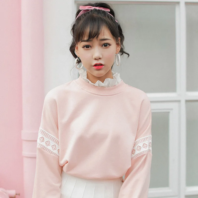 Женская Толстовка harajuku розовая толстовка в Корейском стиле с кружевной вышивкой