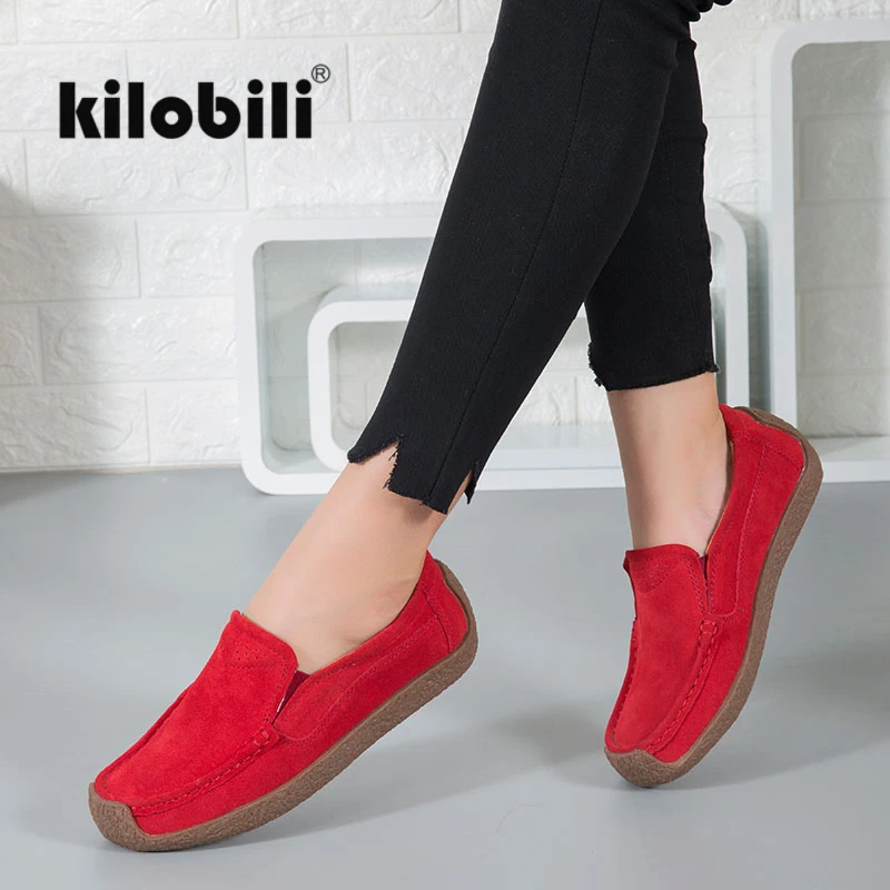 Kilobili/2018 Осенняя женская обувь на плоской подошве черные замшевые кожаные лоферы
