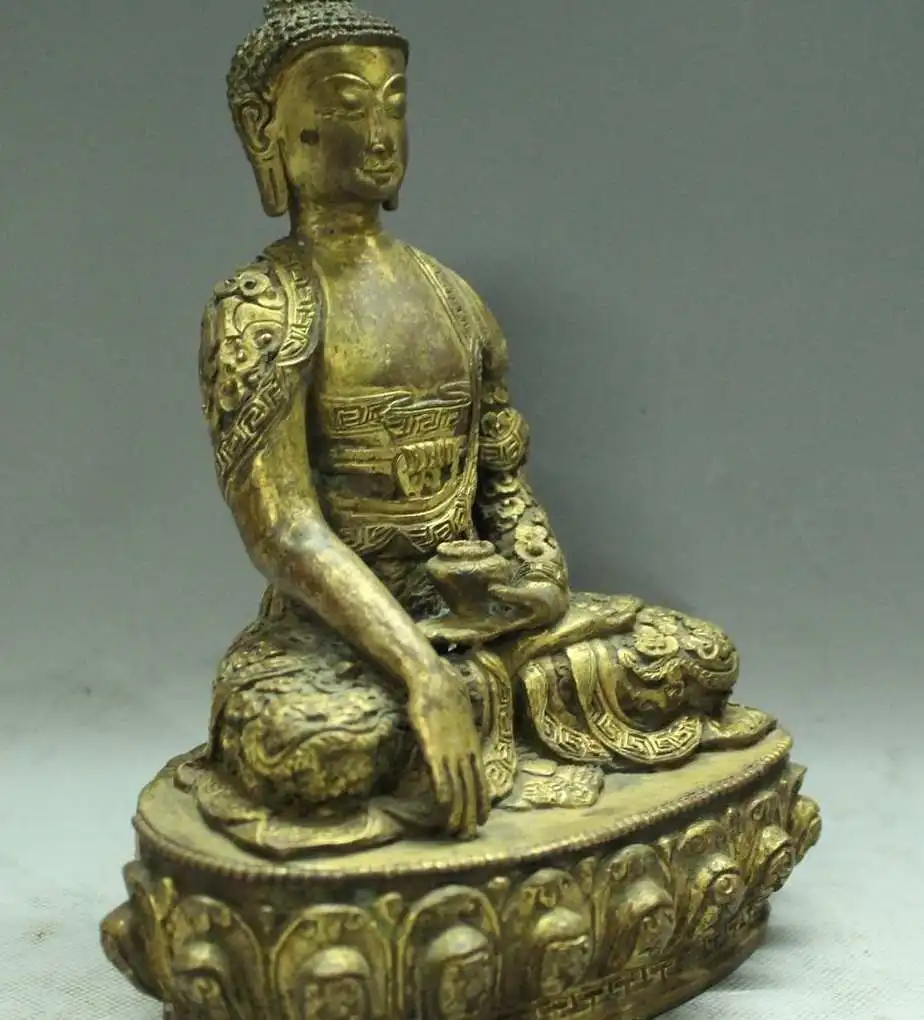 Tibet Bronze 24K Gold Dragon Shakyamuni Amitabha Buddha Sakyamuni Statue |