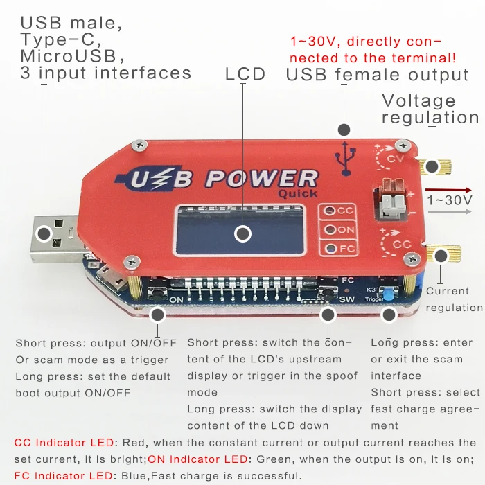 DP3A цифровой дисплей USB регулируемый силовой модуль DC 1-30 в 15 Вт QC 2,0 3,0 FCP Быстрая зарядка лабораторный источник питания