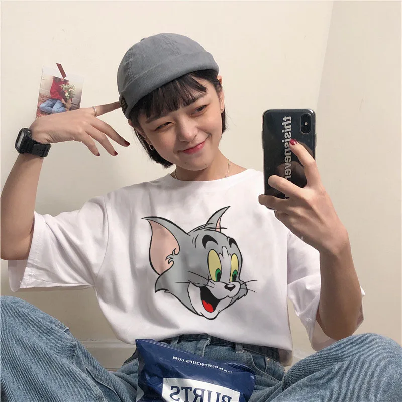 Новинка, летние белые Забавные футболки с принтом Джерри Маус том Кэт, повседневные женские футболки с коротким рукавом и круглым вырезом размера плюс