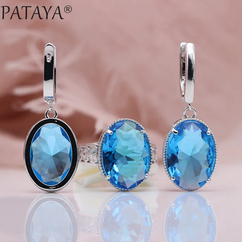 Sea Blue PATAYA, новинка, для женщин, для свадебной вечеринки, благородный, полый, ювелирный набор, белое золото, Овальный AB Цвет, натуральный циркон, тонкие серьги, набор колец - Окраска металла: Sea Blue