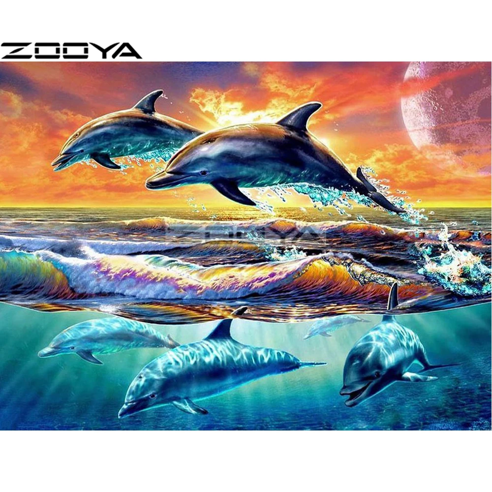 

ZOOYA 5D Round Diamond Painting Dolphin Wall Sticker Diamond Mosaic Sunset Clouds Rhinestones Pictures Cross-Stitch Kits R1547