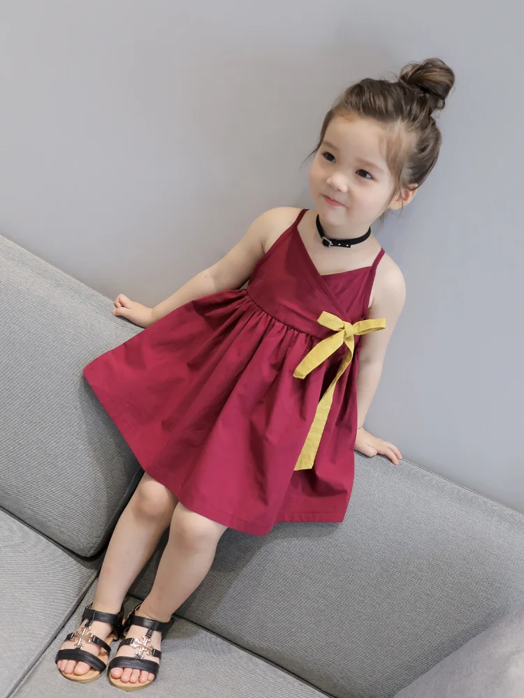 2018 New Fashion V-Neck Slip Dress For Kids Cute Red Girls With Bow Summer Cool Girl roupas infantis menina | Детская одежда и