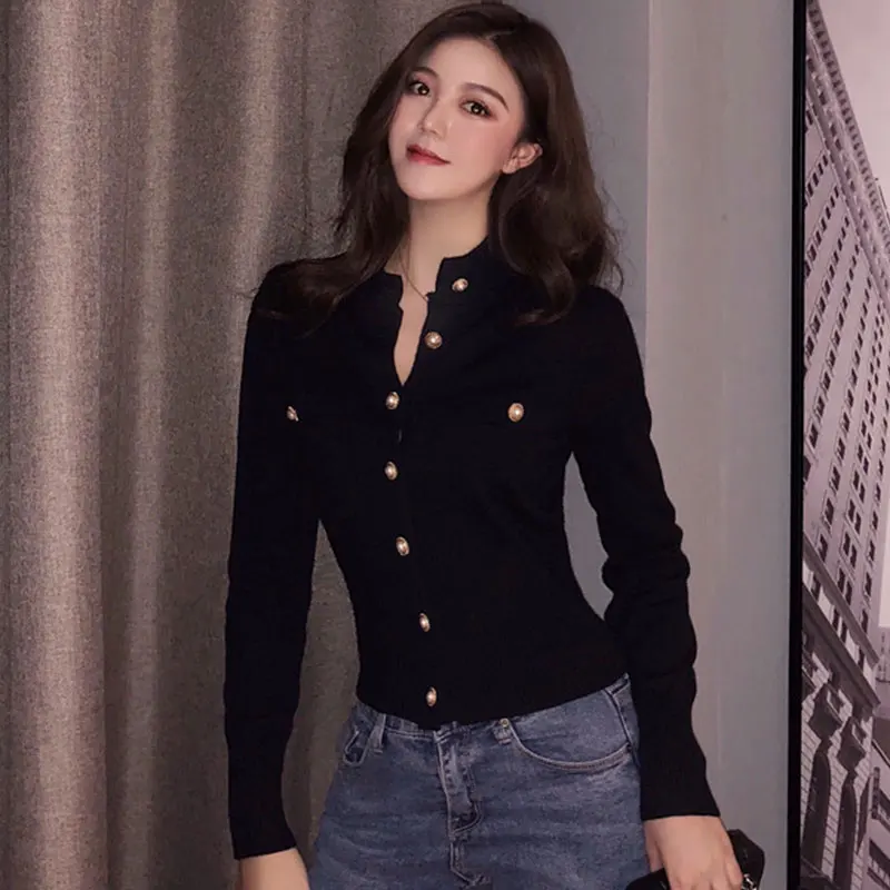 Long Sleeve Slim Knit Cardigan Sweater Women Single-Breasted Turtleneck Pocket Solid High Street Ladies Tops Cotton Coat Autumn |