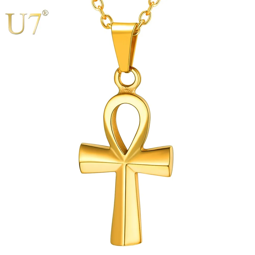 

U7 Small Egyptian Ankh Crucifix Necklaces & Pendants Gold Color Stainless Steel Cross Necklace For Men Hip Hop Jewelry P1230