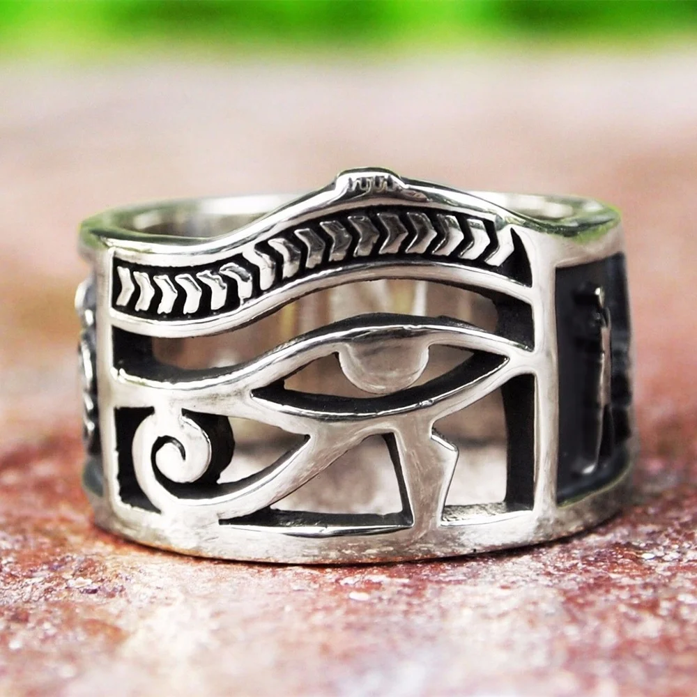 Vintage Men Women Silver Color Egyptian Eye of Horus Ankh Cross Symbolic Rings Egypt Amulet Jewelry Gift