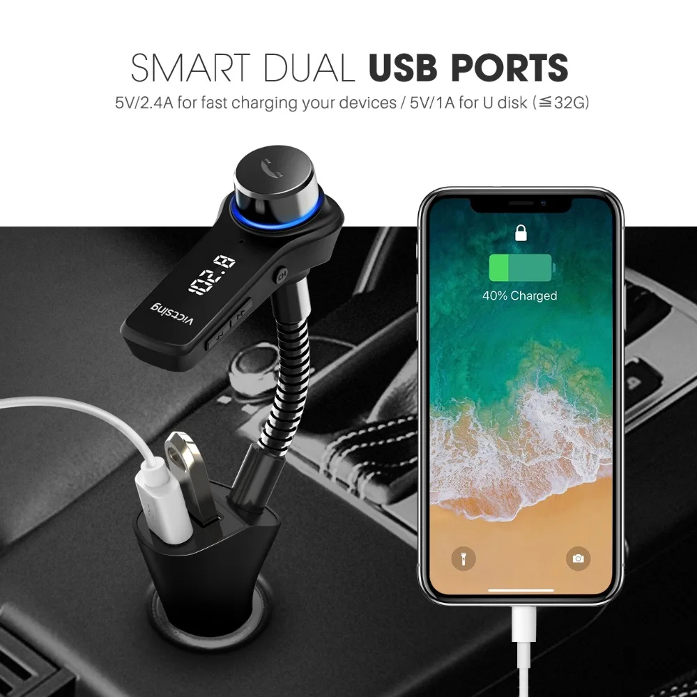 Автомобильный комплект Bluetooth fm передатчик VicTsing mp3 плеер светодиодный два USB 2 4 А