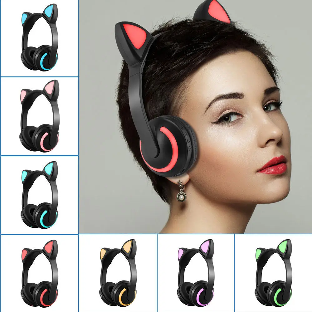 Беспроводные Bluetooth светодиодные наушники с кошачьими ушками для девочек 7