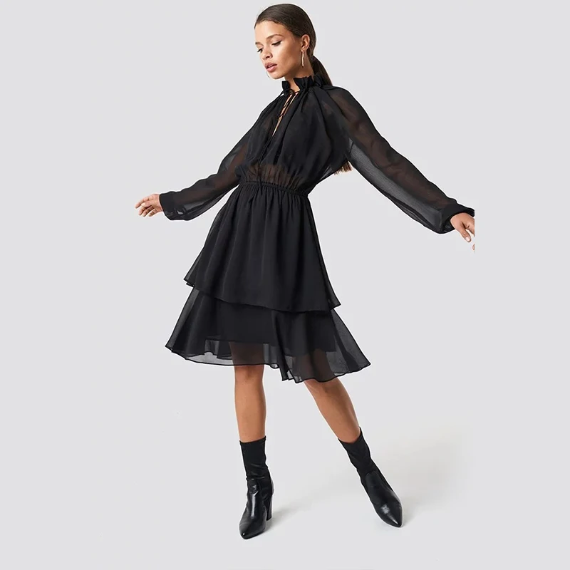 2019 New summer Fashion Sexy Ladies Cascading Ruffle Chiffon Dresses Office Loose Long Sleeve Knee Length Elegant Dress | Женская одежда