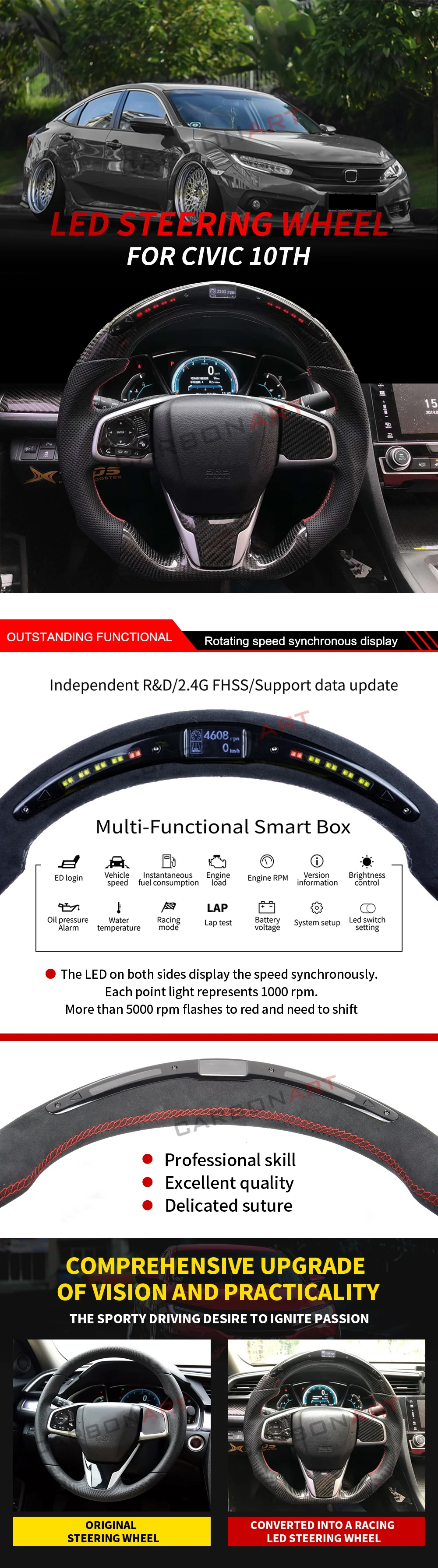 СВЕТОДИОДНЫЙ дисплею гонки рулевого колеса для Honda Civic si 10th gen EX LX plug and play интеллигентая(ый) рулевого колеса
