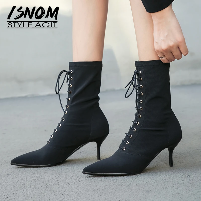 Женские тканевые ботильоны стрейч ISNOM модные вечерние ботинки на высоком каблуке
