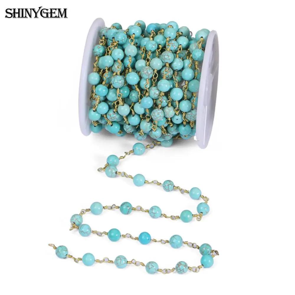 ShinyGem натуральный бирюзовый браслет из бисера 24 К золотой позолоченный браслет в виде четок цепи натуральный камень цепочка из бисера для изготовления ювелирных изделий 5 м/лот