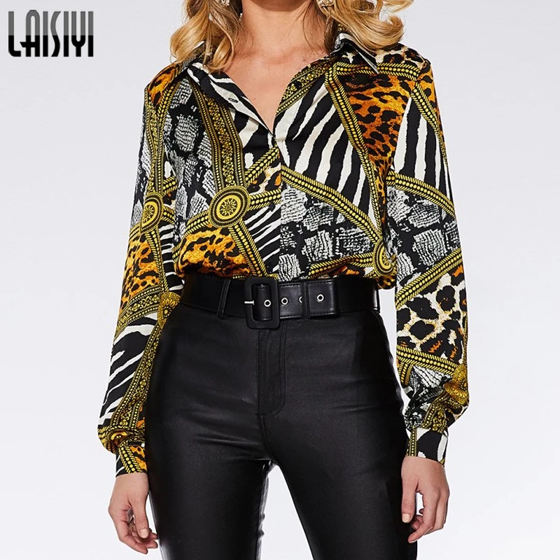 

LAISIYI Women Casual Floral Chiffon Shirt Summer Tee Tops 2019 Long Sleeve Single Breast Printed Loose Tee Shirt OL Blusas Mujer