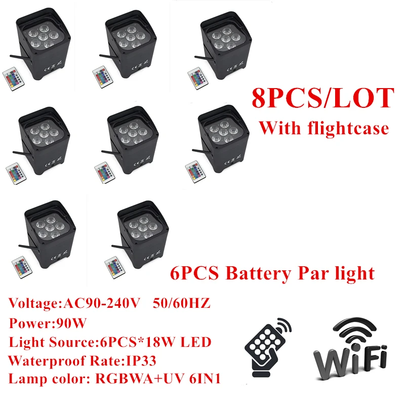 8 шт./лот LED батарея Par свет с 6 шт. * 18 Вт Ламповые бусины RGBWAUV в 1 WiFi Пульт