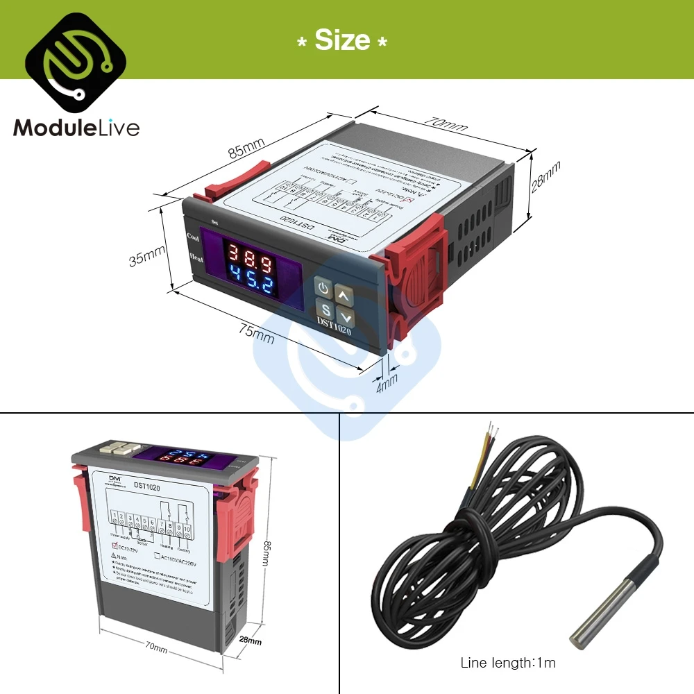 DST1020 AC 110-220V DC 12 V-72 V Цифровой терморегулятор DS18B20 датчик Водонепроницаемый заменить STC-1000