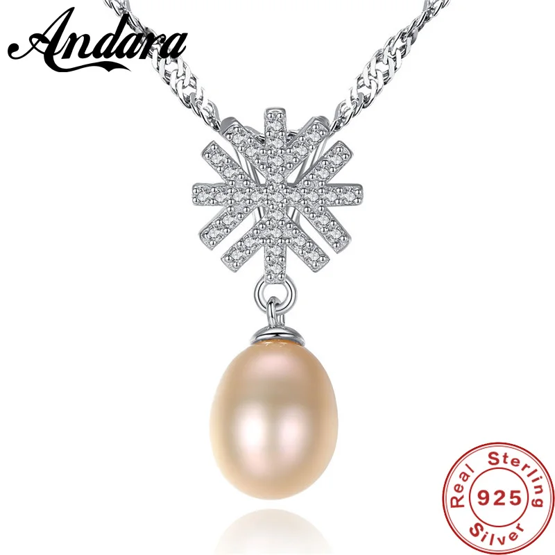 

8-9mm Freshwater Pearl Necklace Sterling Silver 925 Snowflake Clear CZ Pendant Necklaces for Women Wedding
