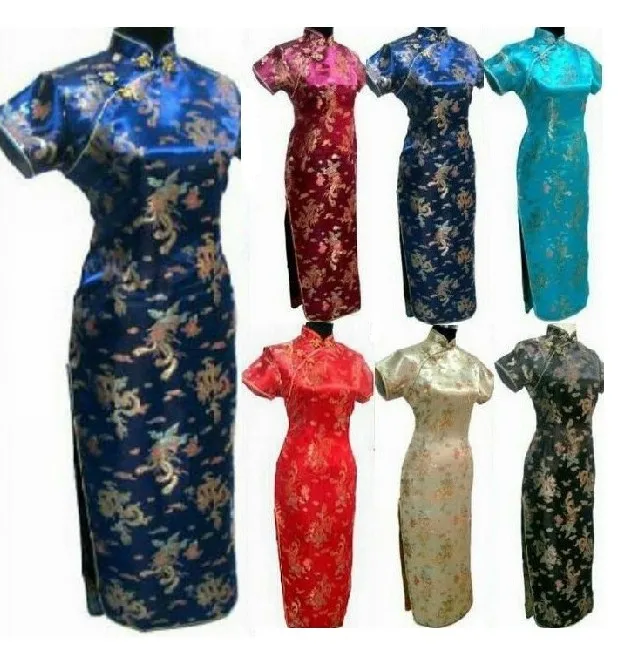 Красное китайское традиционное платье для женщин атласное Qipao дракон Феникс