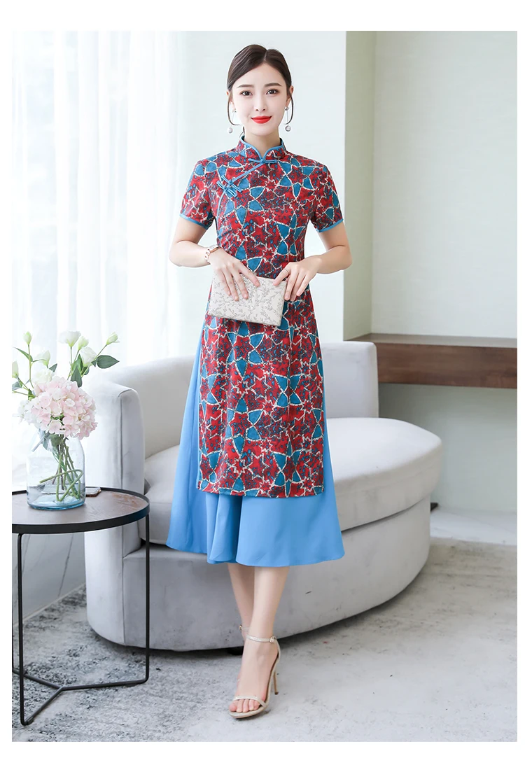 Современное женское платье с коротким рукавом Aodai Cheongsam |