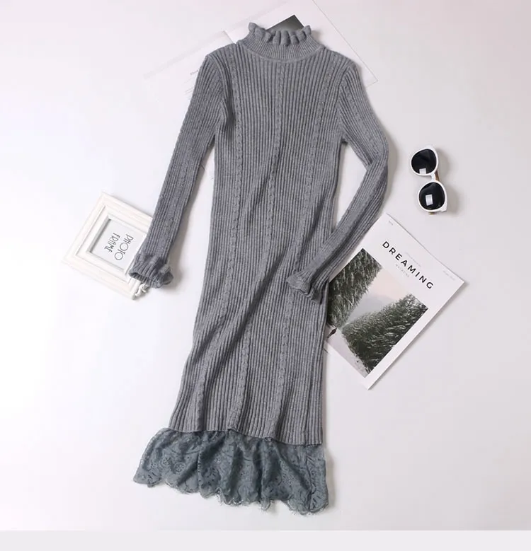 GREY 10193 ONLYSVTER женское платье-свитер с оборками, Кружевное облегающее платье в стиле пэчворк, пуловер с длинными рукавами, новые эластичные Вечерние Платья Миди - Цвет: GREY 10193