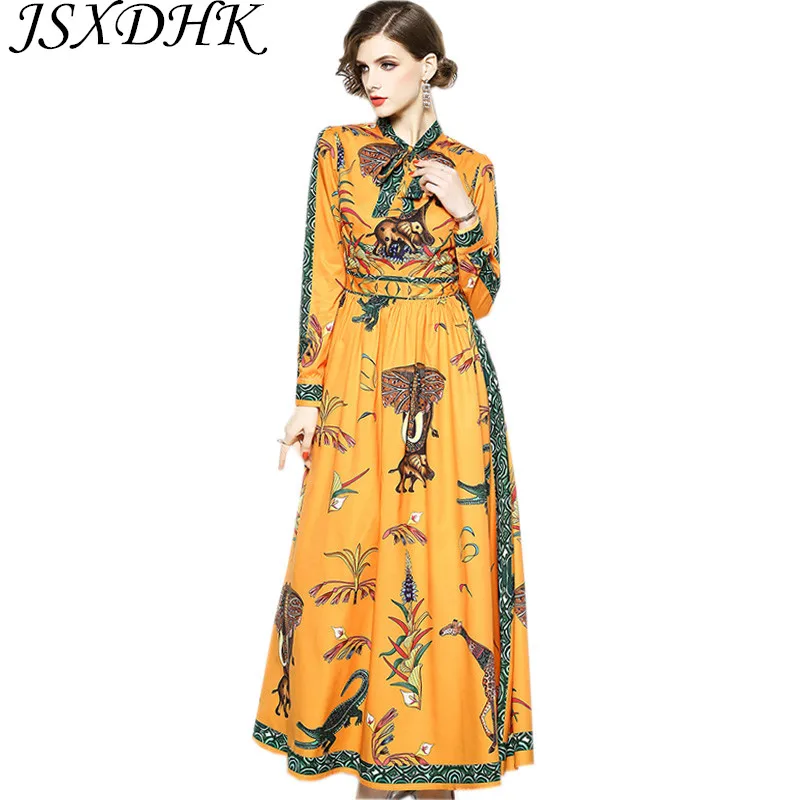 

JSXDHK S-XXXL Runway Designer Women Long Maxi Dress 2021 Autumn Long Sleeve Yellow Printing Animal Bow Collar Plus Size Dress
