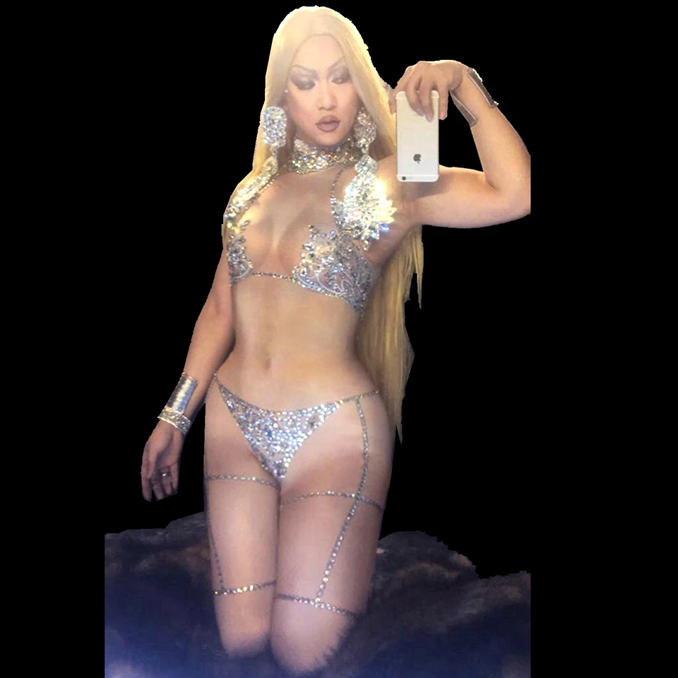 

Bling Crystals Bodysuit Women's Sexy Nude Costume Jumpsuit Dance Stage Wear Rhinestone Dress Women Singer Nude Stretch Outfits