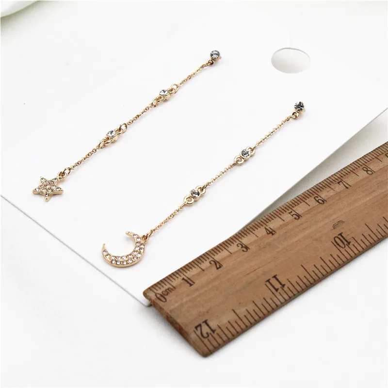New Statement Elegant Crystal Star Drop Earrings for Women Fashion Long Chain Moon Dangle Jewelry Gift High Quality | Украшения и