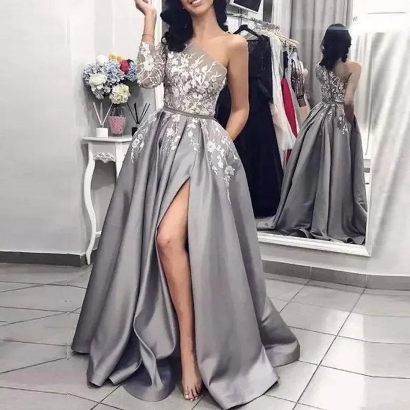 Modest Silver Grey One Shoulder Evening Dresses Appliques Long Prom Gown With Sleeves Party Dress Robe De Soiree Longue