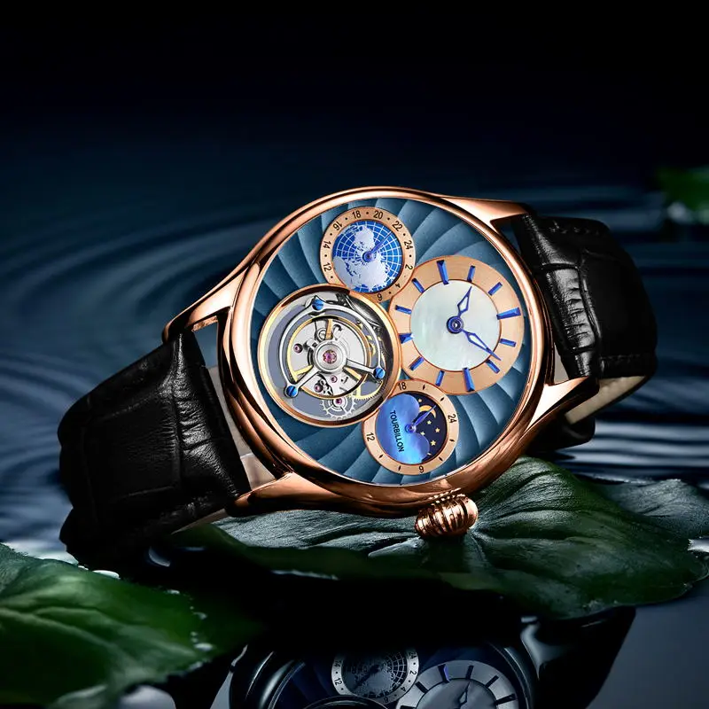 Black Rosegold blue Золотые оригинальные настоящие Tourbillon Мужские механические часы светящиеся указатели мужские чайки Tourbillon часы Moonphase reloj dorado - Цвет: Black Rosegold blue