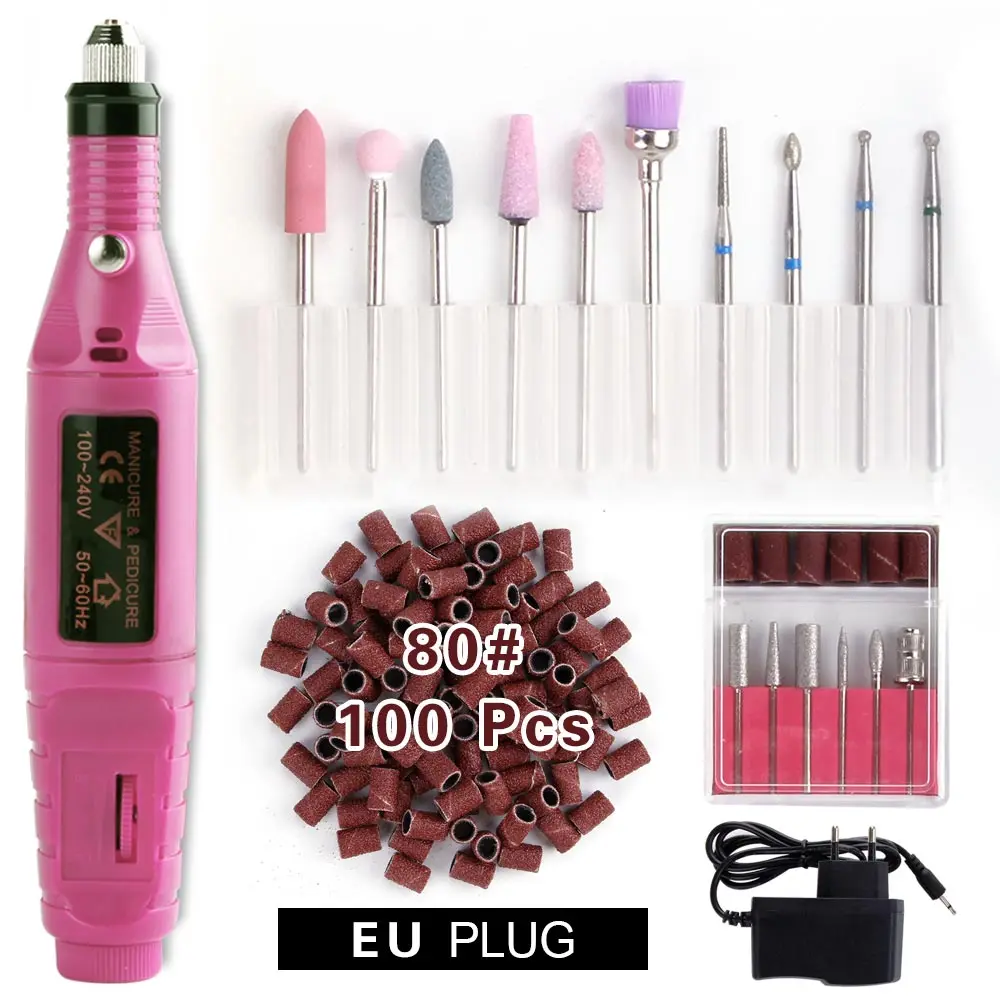 Pink Set 80 Электрический Маникюрный станок, набор сверл для ногтей, фрезерный керамический алмазный резак, роторные заусенцы, аппарат для педикюра, кутикулы, искусство - Цвет: Pink Set 80