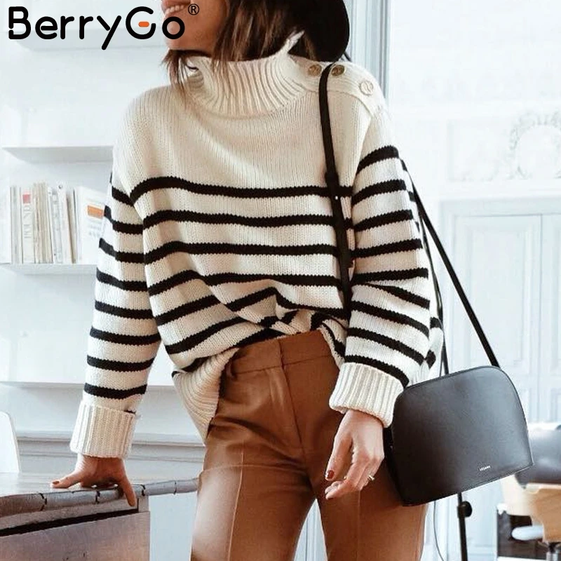 BerryGo Turtleneck stripe side button christmas sweater women 2018 autumn jumper winter sweaters female Casual pull streetewear | Женская