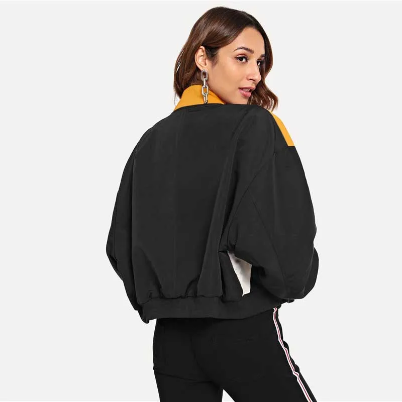 SweatyRocks куртка на молнии с буквенным принтом, пальто с длинным рукавом и стоячим воротником, цветные женские короткие топы, Осенние Стильные повседневные куртки
