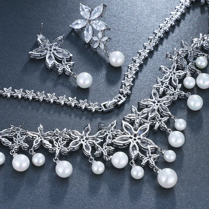 GMGYQ Trendy Imitate Pearl Jewelry Fashion Bride AAA Cubic Zircon Earrings Necklace Set Factory Wholesale Sales | Украшения и