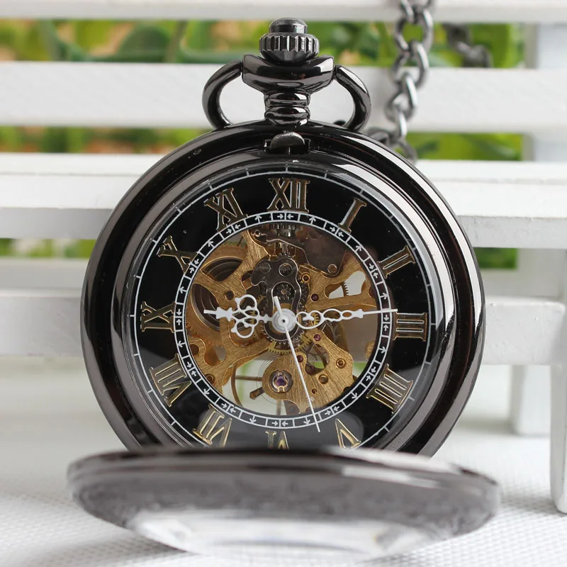 Многофункциональный лупа Рим вольфрама Черный Ретро механические часы мужчин и