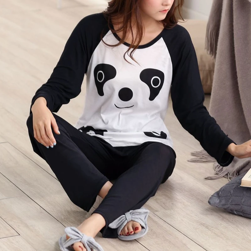 M/L/XL/2XL осенний пижамный комплект с рисунком панды из мультфильма для женщин и мужчин, пуловер с длинными рукавами и штаны, одежда для сна, повседневная одежда для отдыха