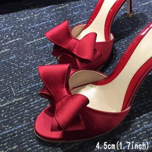 Red 4.5CM Свадебный милый лук приукрашенный ластик леди модная обувь женщин сандалии свадьба шлепанцы высокий каблук лето сатин тапочки дизайнер - Цвет: Red 4.5CM