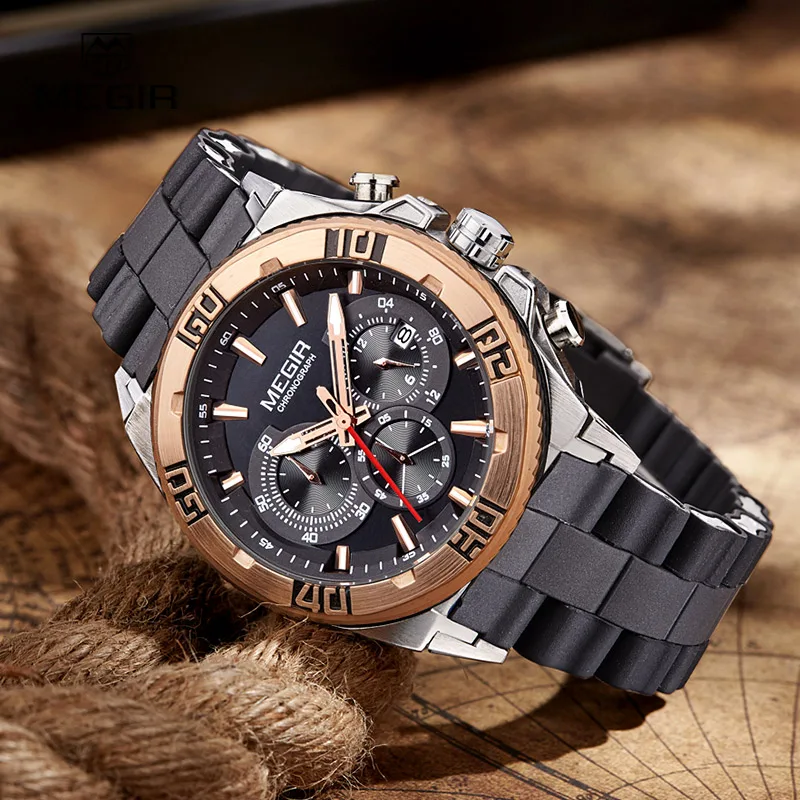 MEGIR спортивные часы для мужчин хронограф кварцевые Мода Световой Бег наручные