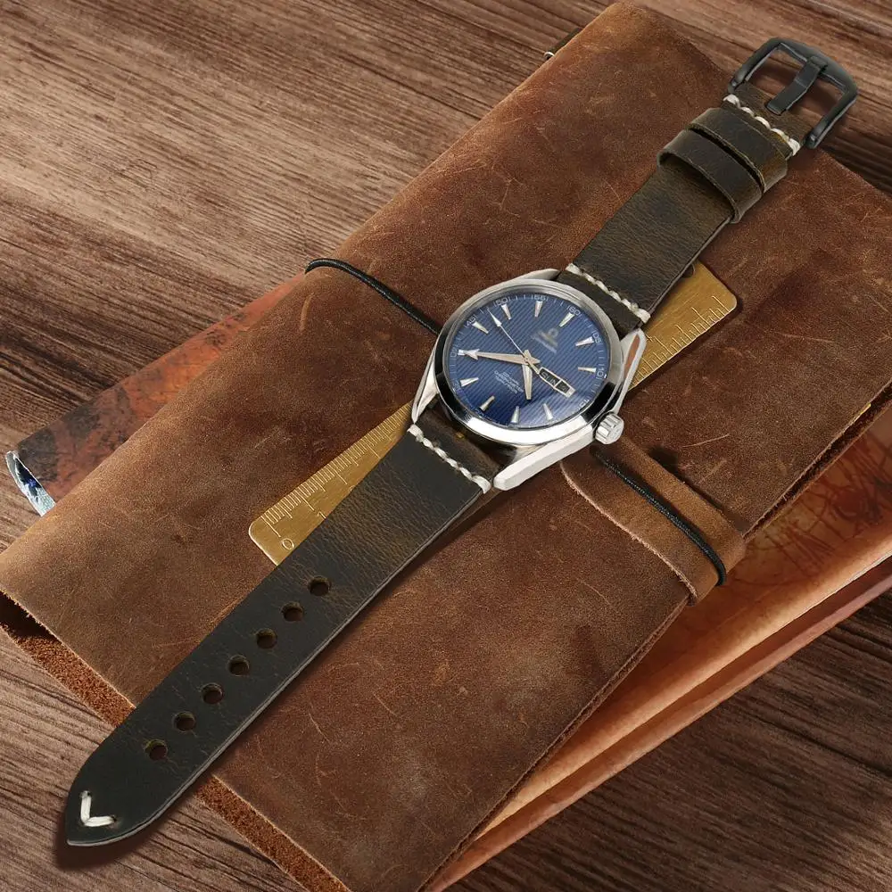 MAIKES High Quality Vintage Green Leather Watch Band Stainless Steel Pin Buckle 22mm 24mm Watch Accessories Watch Strap Bracelet