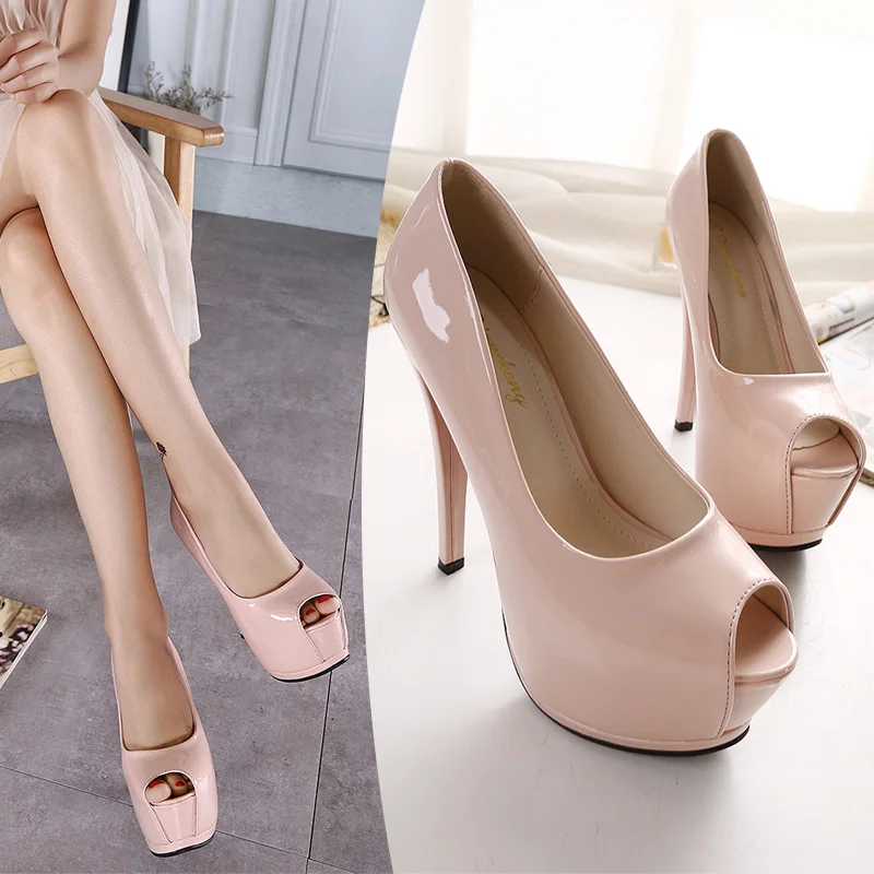 2019 sexy fine hate sky high nightclub fish mouth women's shoes 15cm heel waterproof platform patent leather | Обувь