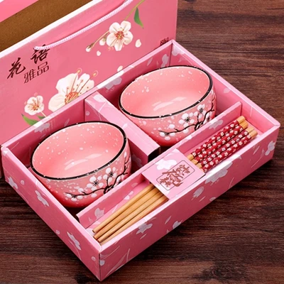 2pcs pink Классическая вишневая Цветущая керамическая чаша с бамбуковой палочкой для еды фруктовый салат рисовый суп Ramen чаша для воды чайная чашка кухонная посуда - Цвет: 2pcs pink