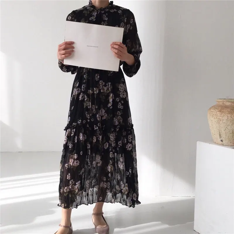 HziriP Stand Print Floral Casual Simple Loose Free 2019 Summer Autumn Women Elegant Ladies Party Ankle Length Dresses 3 Colors | Женская